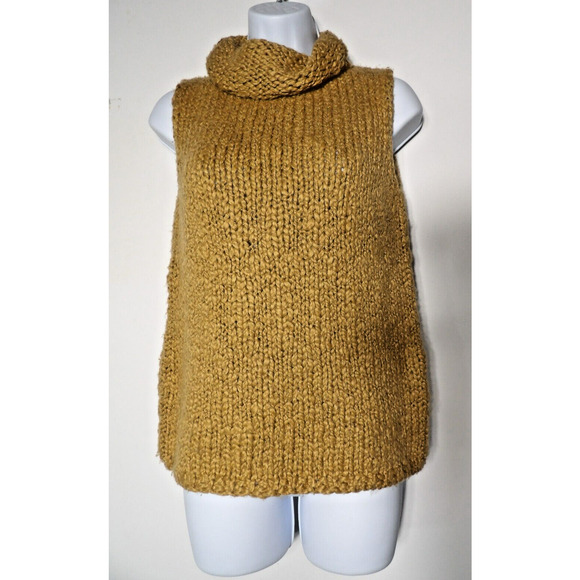 Express World Brand Handknit Wool Sweater Medium Tank Mock Neck Sleeveless Tan - Picture 2 of 11